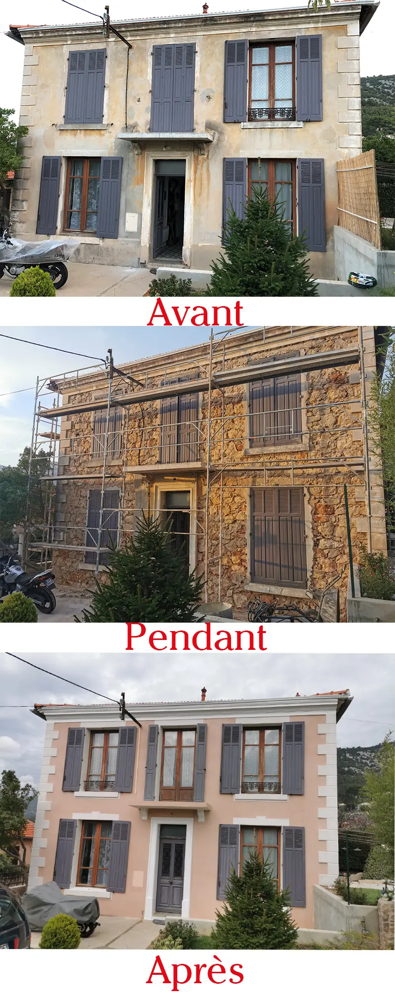 Ravalement de façade à La Celle. Travaux de façade en images / Avant / Pendant / Après